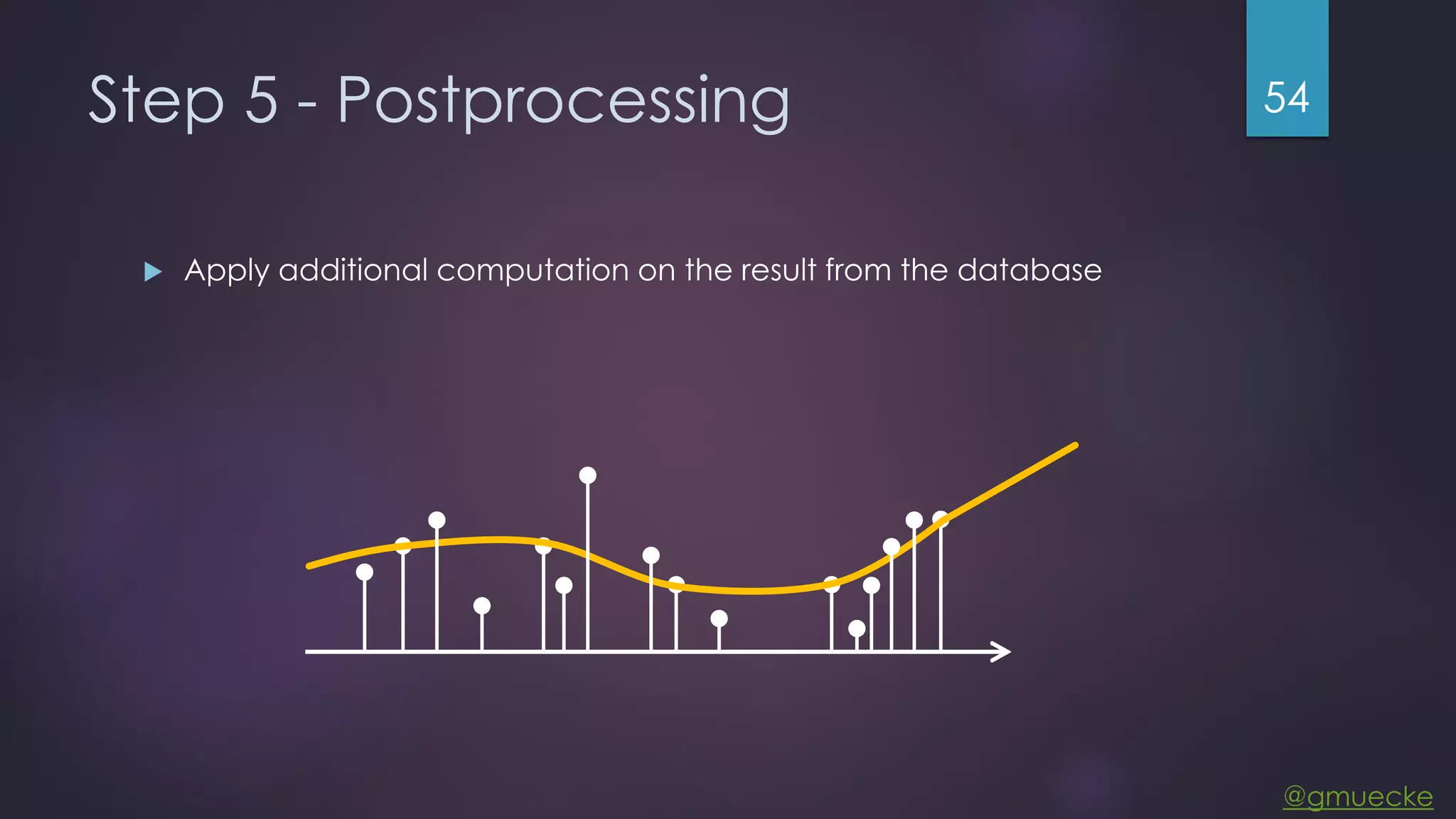 @gmuecke Step 5 - Postprocessing  Apply additional computation on the result from the database 54 