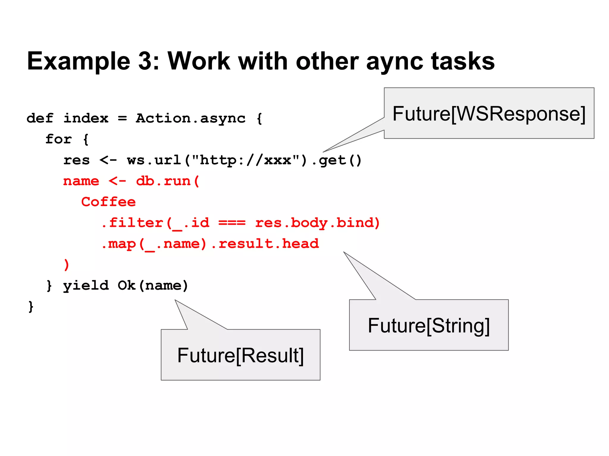 Example 3: Work with other aync tasks
def index = Action.async {
for {
res <- ws.url("http://xxx").get()
name <- db.run(
Coffee
.filter(_.id === res.body.bind)
.map(_.name).result.head
)
} yield Ok(name)
}
Future[WSResponse]
Future[String]
Future[Result]
 