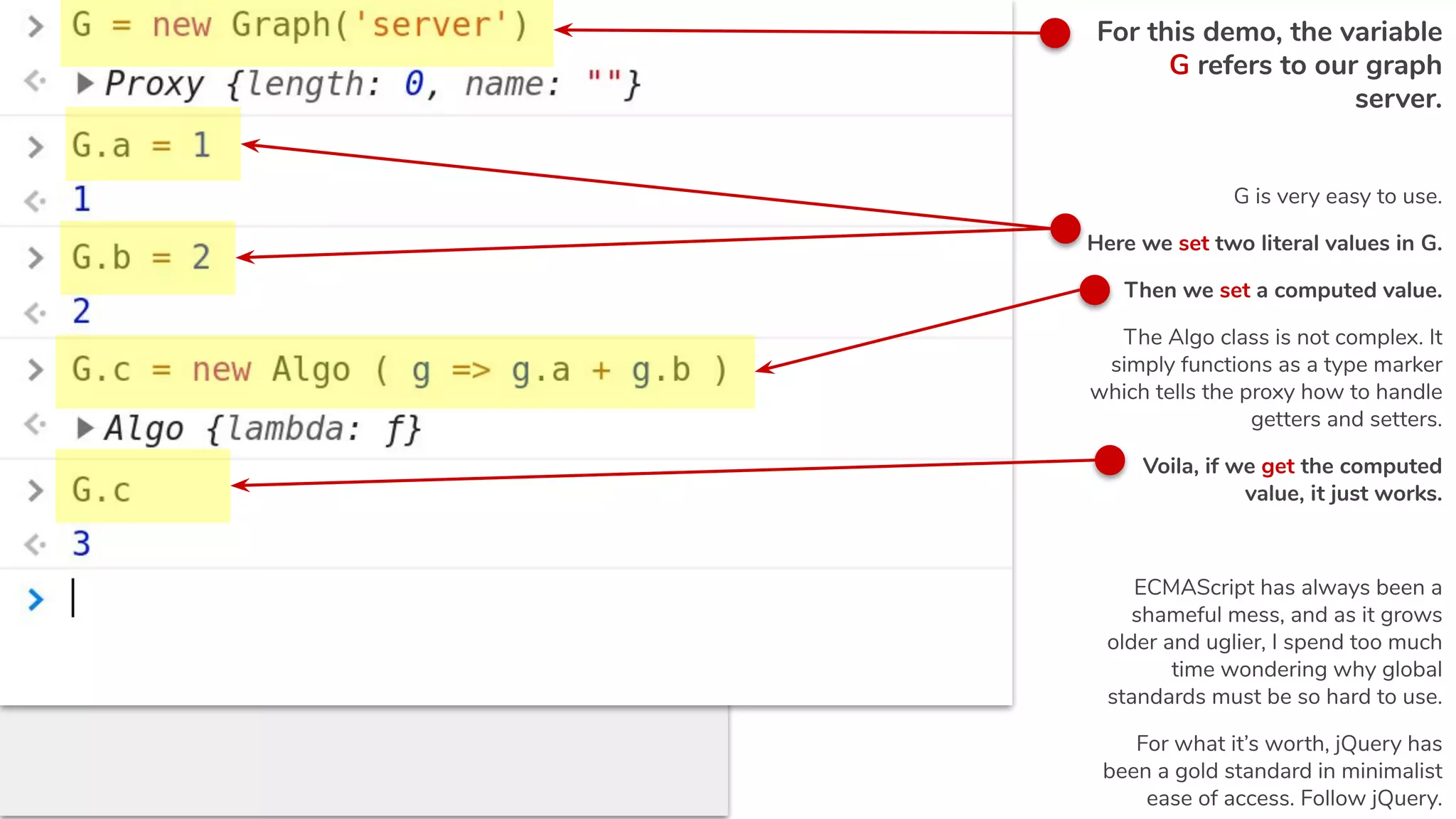 For this demo, the variable
G refers to our graph
server.
G is very easy to use.
Here we set two literal values in G.
Then we set a computed value.
The Algo class is not complex. It
simply functions as a type marker
which tells the proxy how to handle
getters and setters.
Voila, if we get the computed
value, it just works.
ECMAScript has always been a
shameful mess, and as it grows
older and uglier, I spend too much
time wondering why global
standards must be so hard to use.
For what it’s worth, jQuery has
been a gold standard in minimalist
ease of access. Follow jQuery.
 