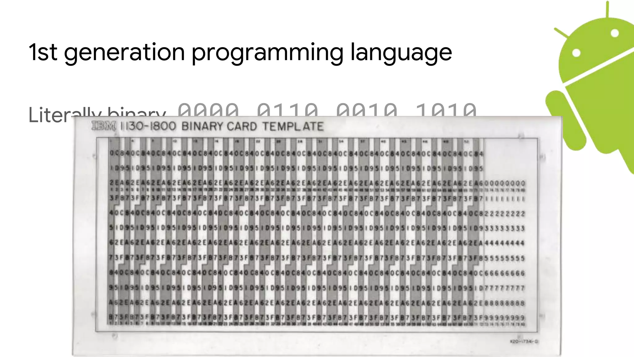 1st generation programming language
Literally binary, 0000 0110 0010 1010
 