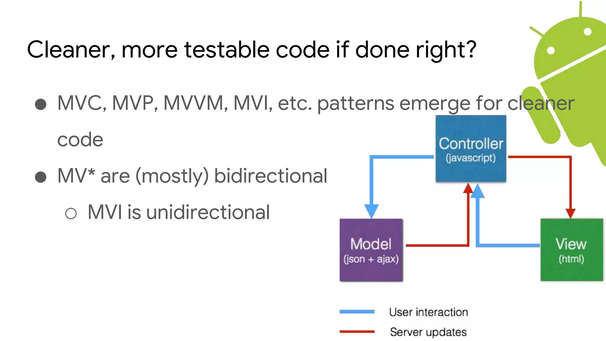 Cleaner, more testable code if done right?
● MVC, MVP, MVVM, MVI, etc. patterns emerge for cleaner
code
● MV* are (mostly) bidirectional
○ MVI is unidirectional
 