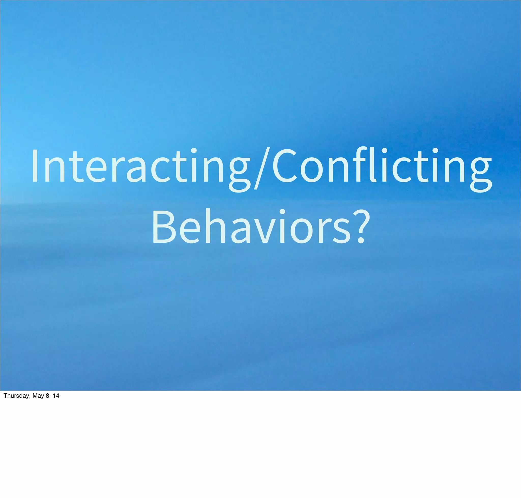 Good Software Development
Principles are Used
• Modular decomposition:
–Well defined interfaces.
–Independent testing.
–...
Tuesday, May 13, 14
From  “IntroducWon  to  AI  RoboWcs”,  MIT  Press,  2000.  hcp://mitpress.mit.edu/books/introducWon-­‐ai-­‐roboWcs
 