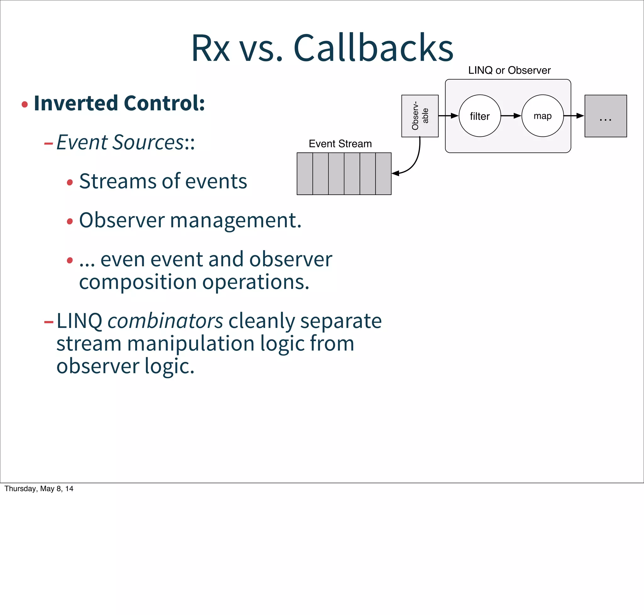 Rx vs. Callbacks
• Inverted Control:
–Event Sources::
• Streams of events
• Observer management.
• ... even event and observer
composition operations.
–LINQ combinators cleanly separate
stream manipulation logic from
observer logic.
ﬁlter …map
Observ-
able
Event Stream
LINQ or Observer
Tuesday, May 13, 14
 