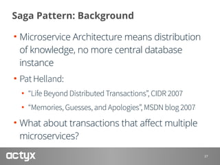 Saga Pattern: Background
• Microservice Architecture means distribution
of knowledge, no more central database
instance
• ...