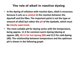 The role of alkali in reactive dyeing
• In the dyeing of cellulose with reactive dyes, alkali is necessary
because it acts as a catalyst in the reaction between the
dyestuff and the fiber. The important point is not the type or
amount of alkali but rather the pH of the dyebath, which must
be closely supervised.
• The most suitable pH for dyeing varies with the temperature,
being approx. 11.5 for common warm dyeing (dyeing at
approx. 60), 10-11 for hot dyeing (80) and 12.5 for cold dyeing
(40). The relationship between temperature and the optimum
pH is shown in the following graph.
 