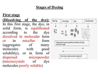 Stages of Dyeing
First stage
(Dissolving of the dye):
In this first stage, the dye, in
solid form, is equilibrated
according to the dye
dissolved in molecular form
or in micellar form
(aggregates of many
molecules with good
solubility), or in form of
dispersed micropowder
(microcrystals of dye
molecules poorly soluble)
 