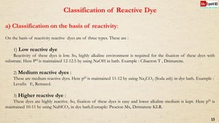 Classification of Reactive Dye
a) Classification on the basis of reactivity:
On the basis of reactivity reactive dyes are of three types. These are :
1) Low reactive dye
Reactivity of these dyes is low. So, highly alkaline environment is required for the fixation of these dyes with
substrate. Here PH is maintained 12-12.5 by using NaOH in bath. Example : Cibacron T , Drimarene.
2) Medium reactive dyes :
These are medium reactive dyes. Here pH is maintained 11-12 by using Na2CO3 (Soda ash) in dye bath. Example :
Levafix E, Remazol.
3) Higher reactive dye :
These dyes are highly reactive. So, fixation of these dyes is easy and lower alkaline medium is kept. Here pH is
maintained 10-11 by using NaHCO3 in dye bath.Exmaple: Procion Mx, Drimarene KLR.
15
 