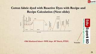 <Md Mazharul Islam> WPE dept. 10th Batch, PTEC.
28
Cotton fabric dyed with Reactive Dyes with Recipe and
Recipe Calculation (Next slide)
Drain
Fixingagent+
Softener
(45°C+20min)
Coldwash
(2-3times)
Temp(°C)
XO
Y
70
65
60
55
50
45
40
35
Dyes
Levelingagent
Salt
Wettingagent
SodaAsh
7 min5 min 60 min
Coldwashwith
AceticAcid
20
min
25 min
HotWashwith(or
not)SoapingAgent
60°C
85-95°C
Time (min)
Youtube
 