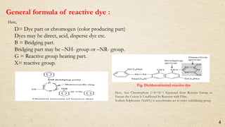 General formula of reactive dye :
Here,
D= Dye part or chromogen (color producing part)
Dyes may be direct, acid, disperse dye etc.
B = Bridging part.
Bridging part may be –NH- group or –NR- group.
G = Reactive group bearing part.
X= reactive group.
4
Fig. Dichlorotriazinyl reactive dye
Here, Azo Chromophore (−N=N−) Separated from Reactive Group to
Ensure the Colour Is Unaffected by Reaction with Fibre.
Sodium Sulphonate (NaSO3) is auxochromo act as water solubilizing group.
 