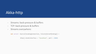 Akka-http
- Streams: back-pressure & buffers
- TCP: back-pressure & buffers
- Streams everywhere:
 