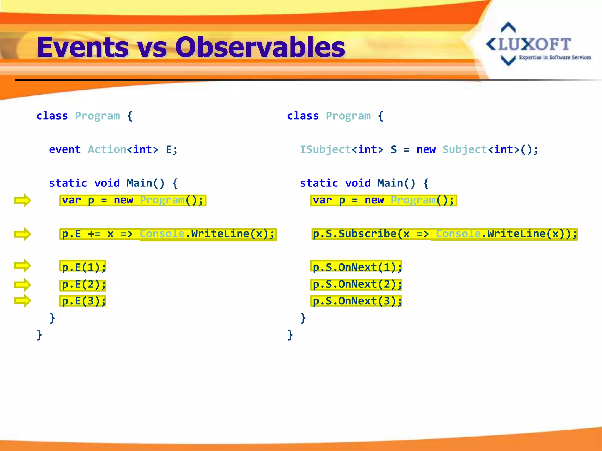 Events vs Observables

class Program {                             class Program {

    event Action<int> E;                        ISubject<int> S = new Subject<int>();

    static void Main() {                        static void Main() {
      var p = new Program();                      var p = new Program();

        p.E += x => Console.WriteLine(x);           p.S.Subscribe(x => Console.WriteLine(x));

        p.E(1);                                     p.S.OnNext(1);
        p.E(2);                                     p.S.OnNext(2);
        p.E(3);                                     p.S.OnNext(3);
    }                                           }
}                                           }
 