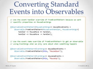 Converting Standard
   Events into Observables




Eric R Taylor           7/10/2012   12
 