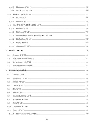 4.12.1.      Timestamp メソッド ............................................................................................................................ 139

       4.12.2.      TimeInterval メソッド ......................................................................................................................... 140

     4.13.   型変換を行う拡張メソッド ........................................................................................................................... 141

       4.13.1.      Cast メソッド ....................................................................................................................................... 141

       4.13.2.      OfType メソッド ................................................................................................................................... 142

     4.14.   COLD から HOT へ変換する拡張メソッド ..................................................................................................... 143

       4.14.1.      Publish メソッド .................................................................................................................................. 143

       4.14.2.      RefCount メソッド ............................................................................................................................... 148

       4.14.3.      引数を受け取る Publish メソッドのオーバーロード ........................................................................... 151

       4.14.4.      PublishLast メソッド ........................................................................................................................... 152

       4.14.5.      Replay メソッド.................................................................................................................................... 153

       4.14.6.      Multicast メソッド ............................................................................................................................... 155

5.     SUBJECT 系クラス ........................................................................................................................................ 159

     5.1.    SUBJECT<T>クラス ...................................................................................................................................... 159

     5.2.    BEHAVIORSUBJECT<T>クラス...................................................................................................................... 161

     5.3.    ASYNCSUBJECT<T>クラス ........................................................................................................................... 162

     5.4.    REPLAYSUBJECT<T>クラス .......................................................................................................................... 164

6.     IOBSERVABLE の合成 .................................................................................................................................. 165

     6.1.    MERGE メソッド ........................................................................................................................................... 165

     6.2.    SELECTMANY メソッド ................................................................................................................................. 169

     6.3.    SWITCH メソッド........................................................................................................................................... 172

     6.4.    CONCAT メソッド .......................................................................................................................................... 176

     6.5.    ZIP メソッド .................................................................................................................................................. 178

     6.6.    AMB メソッド ................................................................................................................................................ 179

     6.7.    COMBINELATEST メソッド ............................................................................................................................ 180

     6.8.    STARTWITH メソッド .................................................................................................................................... 182

     6.9.    JOIN メソッド ............................................................................................................................................... 183

     6.10.   GROUPJOIN メソッド .................................................................................................................................... 186

     6.11.   WHEN メソッド ............................................................................................................................................. 189

       6.11.1.      Plan<TResult>クラスの作成 ............................................................................................................... 189


                                                                                   iv
 