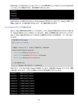 Skip(3)をして Take(3)をしているところに 1～10 の値を発行しているので 4, 5, 6 が Subscribe
     しているところに通知されます。実行結果を下記に示します。
     OnNext(4)

     OnNext(5)

     OnNext(6)

     OnCompleted()

     注目するのは、6 が発行されたあとに OnCompleted が呼ばれている点です。Take(3)で値が 3 つ
     通過した後には、もう値が発行されないので、完了通知が発行されます。

4.3.2. Repeat メソッドとの組み合わせ

     Skip と Take の動作自体は非常にシンプルなので、  これに Repeat を組み合わせてみようと思いま
     す。Repeat 自体は 3.2.3.1 で紹介しているとおり、指定した回数繰り返しを行うメソッドです。
     Skip と Take と組み合わせることで下記のような動作をさせることが出来ます。コードを下記に
     示します。
       // 値の発行元になる Subject

       var s = new Subject<int>();



       // 最初の 3 つをスキップして、その後 3 つを通知することを繰り返す

       s.Skip(3).Take(3).Repeat().Subscribe(

          i => Console.WriteLine("OnNext({0})", i),

          ex => Console.WriteLine("OnError({0})", ex.Message),

          () => Console.WriteLine("OnCompleted()"));



       // 1-20 の値を流し込む

       Observable.Range(1, 20).ForEach(i => s.OnNext(i));

     先ほどのコードの Take の後に Repeat を追加しています。引数の無い Repeat メソッドは、無限
     に繰り返しを行います。どのような動きになるのか実行結果を下記に示します。
     OnNext(4)   <- 最初の Skip(3).Take(3)

     OnNext(5)   <- 最初の Skip(3).Take(3)

     OnNext(6)   <- 最初の Skip(3).Take(3)

     OnNext(10) <- 2 回目の Skip(3).Take(3)

     OnNext(11) <- 2 回目の Skip(3).Take(3)

     OnNext(12) <- 2 回目の Skip(3).Take(3)

     OnNext(16) <- 3 回目の Skip(3).Take(3)

     OnNext(17) <- 3 回目の Skip(3).Take(3)

     OnNext(18) <- 3 回目の Skip(3).Take(3)




                                                  53
 