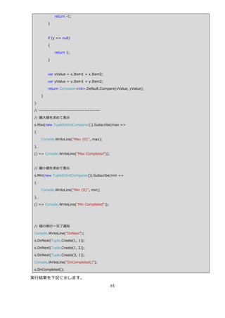 return -1;

         }



         if (y == null)

         {

             return 1;

         }



         var xValue = x.Item1 + x.Item2;

         var yValue = y.Item1 + y.Item2;

         return Comparer<int>.Default.Compare(xValue, yValue);

     }

}

// -----------------------------------------

// 最大値を求めて表示

s.Max(new TupleIntIntComparer()).Subscribe(max =>

{

     Console.WriteLine("Max {0}", max);

},

() => Console.WriteLine("Max Completed"));



// 最小値を求めて表示

s.Min(new TupleIntIntComparer()).Subscribe(min =>

{

     Console.WriteLine("Min {0}", min);

},

() => Console.WriteLine("Min Completed"));




// 値の発行～完了通知

Console.WriteLine("OnNext");

s.OnNext(Tuple.Create(1, 1));

s.OnNext(Tuple.Create(1, 2));

s.OnNext(Tuple.Create(3, 1));

Console.WriteLine("OnCompleted()");

s.OnCompleted();

実行結果を下記に示します。
                                               81
 