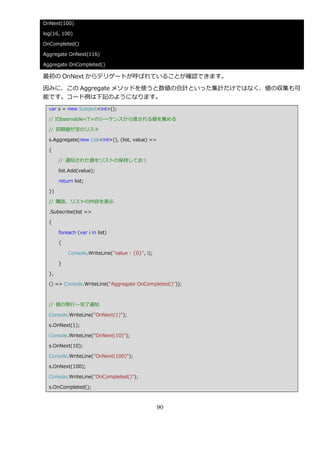 OnNext(100)

log(16, 100)

OnCompleted()

Aggregate OnNext(116)

Aggregate OnCompleted()

最初の OnNext からデリゲートが呼ばれていることが確認できます。

因みに、この Aggregate メソッドを使うと数値の合計といった集計だけではなく、値の収集も可
能です。コード例は下記のようになります。
  var s = new Subject<int>();

  // IObservable<T>のシーケンスから渡される値を集める

  // 初期値が空のリスト

  s.Aggregate(new List<int>(), (list, value) =>

  {

       // 通知された値をリストの保持しておく

       list.Add(value);

       return list;

  })

  // 購読。リストの内容を表示

  .Subscribe(list =>

  {

       foreach (var i in list)

       {

           Console.WriteLine("value : {0}", i);

       }

  },

  () => Console.WriteLine("Aggregate OnCompleted()"));



  // 値の発行～完了通知

  Console.WriteLine("OnNext(1)");

  s.OnNext(1);

  Console.WriteLine("OnNext(10)");

  s.OnNext(10);

  Console.WriteLine("OnNext(100)");

  s.OnNext(100);

  Console.WriteLine("OnCompleted()");

  s.OnCompleted();



                                                  90
 