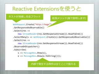 Reactive Extensionsを使うと
ネストが消滅し完全フラット
                                 拡張メソッド(後で説明します)

 WebRequest.Create("http://hoge")
 .GetResponseAsObservable()
 .Select(res =>
     new StreamReader(res.GetResponseStream()).ReadToEnd())
 .SelectMany(s => WebRequest.Create(s).GetResponseAsObservable())
 .Select(res =>
     new StreamReader(res.GetResponseStream()).ReadToEnd())
 .ObserveOnDispatcher()
 .Subscribe(
     s => MessageBox.Show(s),
     e => MessageBox.Show(e.ToString()));


                内部で発生する例外は全てここで扱える
 