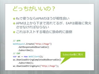 どっちがいいの？
 Rxで使うならAPMのほうが相性良い
 APMは上から下まで流れてるが、EAPは最後に発火
  させなければならない
 これはネストする場合に致命的に面倒


// APM
WebRequest.Create("http://hoge")
    .GetResponseAsObservable()
    .Subscribe();
// EAP
                                         Subscribe後に発火
var wc = new WebClient();
wc.DownloadStringCompletedAsObservable()
    .Subscribe();
wc.DownloadStringAsync("http://hoge");
 
