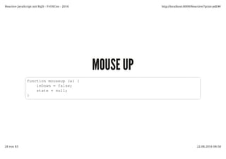 MOUSE UPMOUSE UP
function mouseup (e) {
isDown = false;
state = null;
}
Reactive JavaScript mit RxJS - FrOSCon - 2016 http://localhost:8000/Reactive/?print-pdf/#/
28 von 83 22.08.2016 08:58
 