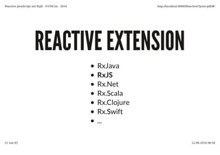 REACTIVE EXTENSIONREACTIVE EXTENSION
RxJava
RxJS
Rx.Net
Rx.Scala
Rx.Clojure
Rx.Swift
...
Reactive JavaScript mit RxJS - FrOSCon - 2016 http://localhost:8000/Reactive/?print-pdf/#/
31 von 83 22.08.2016 08:58
 