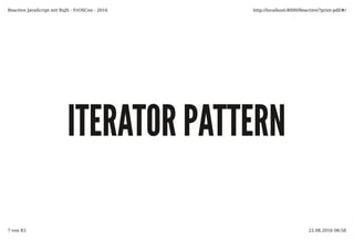 ITERATOR PATTERNITERATOR PATTERN
Reactive JavaScript mit RxJS - FrOSCon - 2016 http://localhost:8000/Reactive/?print-pdf/#/
7 von 83 22.08.2016 08:58
 