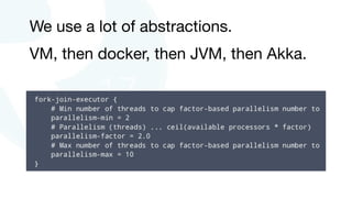 We use a lot of abstractions. 

VM, then docker, then JVM, then Akka.

 