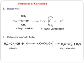 Formation of Carbanion
1. Heterolysis -
C
H3 C
CH3
CH3
Br C
H3 C
+
CH3
CH3
Br
-
+
t - Butyl bromide t - Butyl Carbocation
2. Dehydration of Alcohols-
C
H3 CH2 OH + H
+
C
H3 CH2 OH2
+
C
H3 CH2
+
+ O
H2
ethyl alcohol ethyl carbocation
 