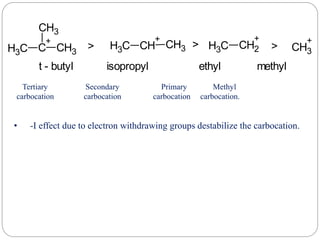 • -I effect due to electron withdrawing groups destabilize the carbocation.
C
H3 C
+
CH3
CH3
C
H3 CH
+
CH3 C
H3 CH2
+
CH3
+
> > >
t - butyl isopropyl ethyl methyl
Tertiary Secondary Primary Methyl
carbocation carbocation carbocation carbocation.
 
