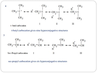 t-butyl carbocation gives nine hyperconjugative structures
sec-propyl carbocation gives six hyperconjugative structures
4
5
 