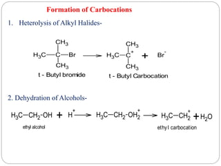 Formation of Carbocations
1. Heterolysis of Alkyl Halides-
C
H3 C
CH3
CH3
Br C
H3 C
+
CH3
CH3
Br
-
+
t - Butyl bromide t - Butyl Carbocation
2. Dehydration of Alcohols-
C
H3 CH2 OH + H
+
C
H3 CH2 OH2
+
C
H3 CH2
+
+ O
H2
ethyl alcohol ethyl carbocation
 