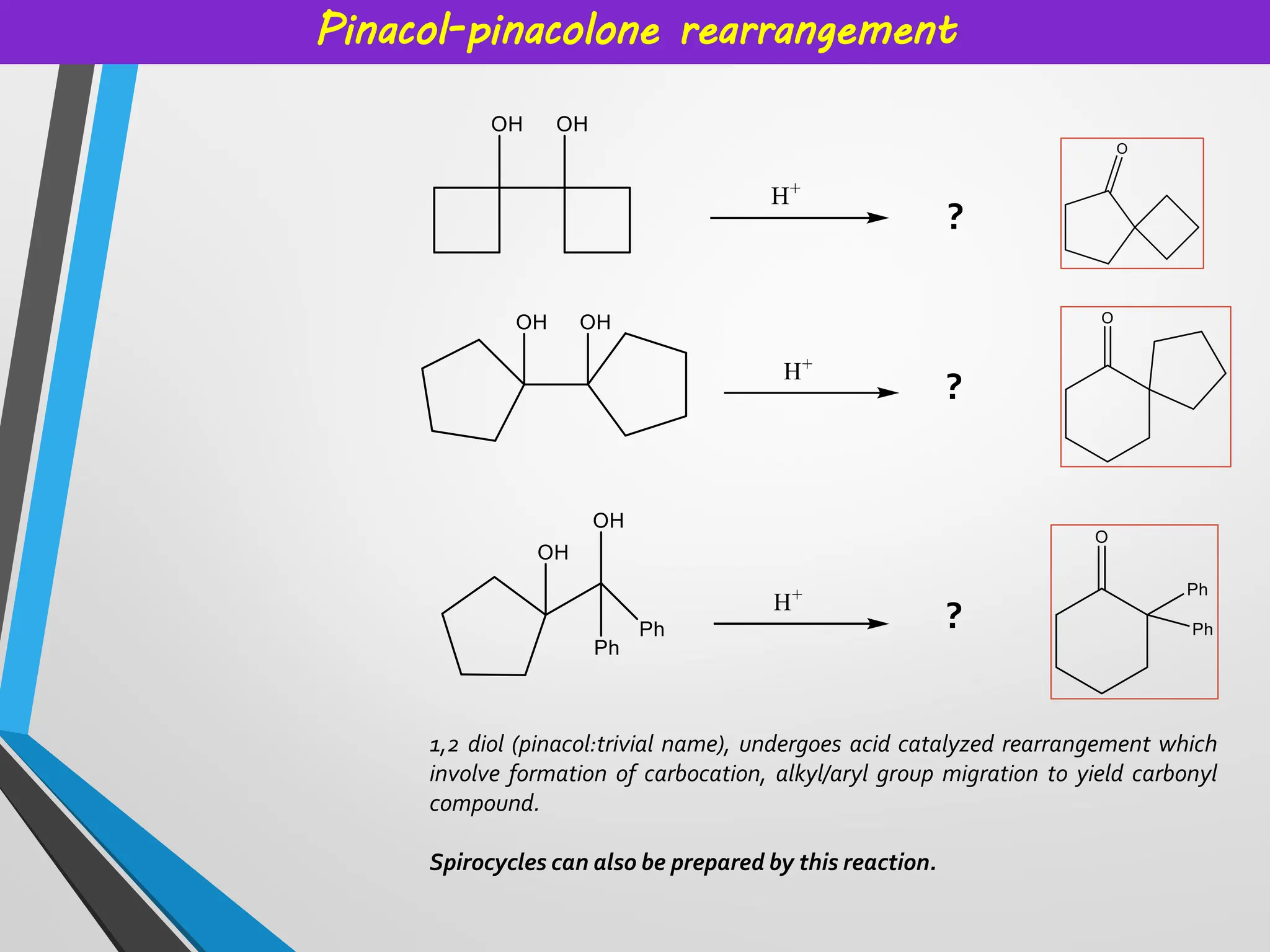 Pinacol-pinacolone rearrangement
1,2 diol (pinacol:trivial name), undergoes acid catalyzed rearrangement which
involve formation of carbocation, alkyl/aryl group migration to yield carbonyl
compound.
Spirocycles can also be prepared by this reaction.
?
?
?
 