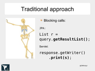 @OMihalyi
Traditional approachTraditional approach
Blocking calls:
JPA:
List r =
query.getResultList();
Servlet:
response.getWriter()
.print(s);
 