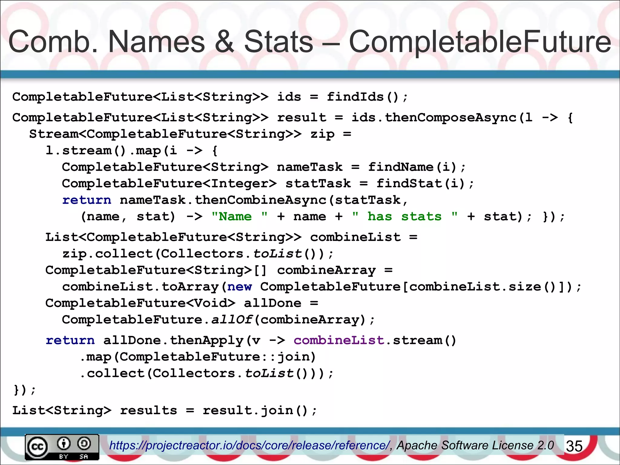 Comb. Names & Stats – CompletableFuture
35
CompletableFuture<List<String>> ids = findIds();
CompletableFuture<List<String>> result = ids.thenComposeAsync(l -> {
Stream<CompletableFuture<String>> zip =
l.stream().map(i -> {
CompletableFuture<String> nameTask = findName(i);
CompletableFuture<Integer> statTask = findStat(i);
return nameTask.thenCombineAsync(statTask,
(name, stat) -> "Name " + name + " has stats " + stat); });
List<CompletableFuture<String>> combineList =
zip.collect(Collectors.toList());
CompletableFuture<String>[] combineArray =
combineList.toArray(new CompletableFuture[combineList.size()]);
CompletableFuture<Void> allDone =
CompletableFuture.allOf(combineArray);
return allDone.thenApply(v -> combineList.stream()
.map(CompletableFuture::join)
.collect(Collectors.toList()));
});
List<String> results = result.join();
https://projectreactor.io/docs/core/release/reference/, Apache Software License 2.0
 