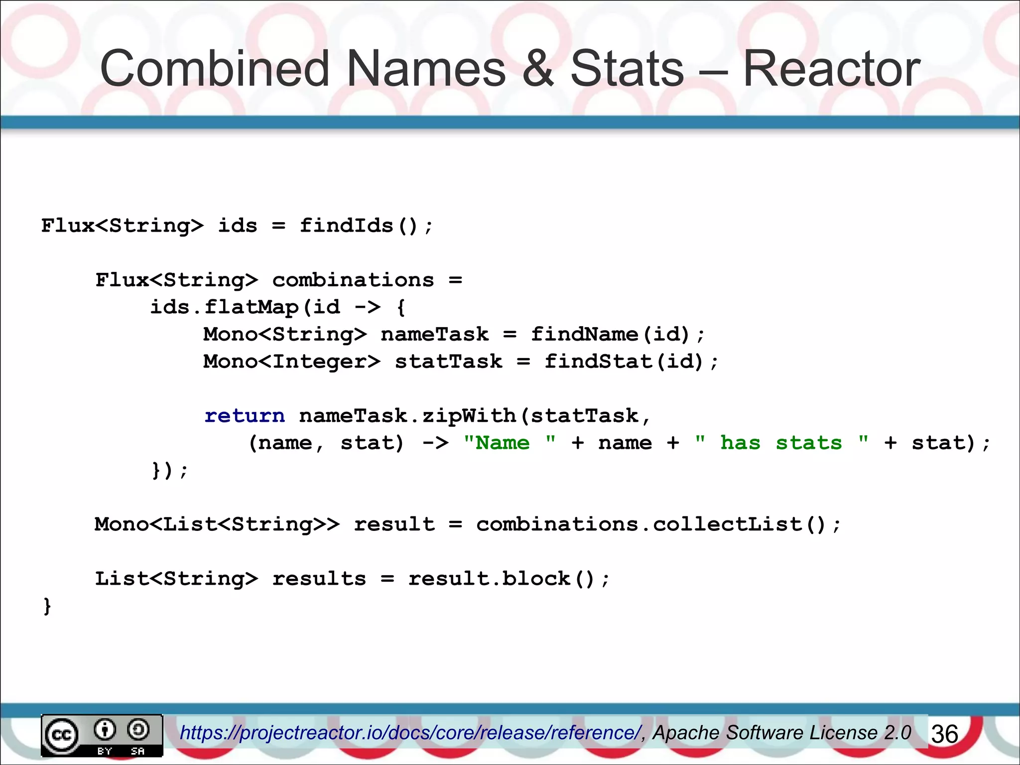 Combined Names & Stats – Reactor
36
Flux<String> ids = findIds();
Flux<String> combinations =
ids.flatMap(id -> {
Mono<String> nameTask = findName(id);
Mono<Integer> statTask = findStat(id);
return nameTask.zipWith(statTask,
(name, stat) -> "Name " + name + " has stats " + stat);
});
Mono<List<String>> result = combinations.collectList();
List<String> results = result.block();
}
https://projectreactor.io/docs/core/release/reference/, Apache Software License 2.0
 