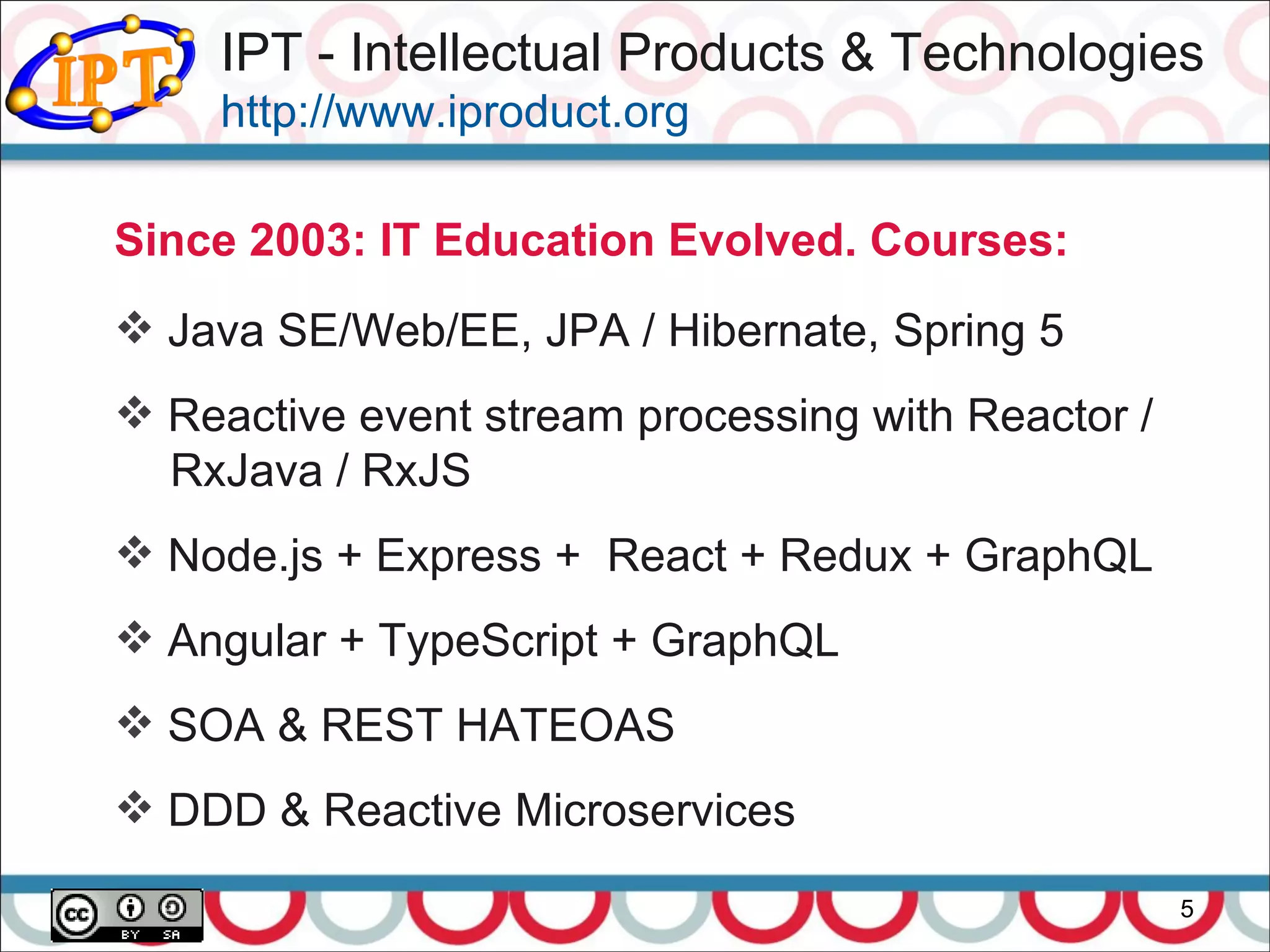 5
Since 2003: IT Education Evolved. Courses:
 Java SE/Web/EE, JPA / Hibernate, Spring 5
 Reactive event stream processing with Reactor /
RxJava / RxJS
 Node.js + Express + React + Redux + GraphQL
 Angular + TypeScript + GraphQL
 SOA & REST HATEOAS
 DDD & Reactive Microservices
IPT - Intellectual Products & Technologies
http://www.iproduct.org
 