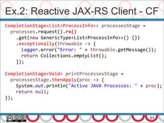 Ex.2: Reactive JAX-RS Client - CF
31
CompletionStage<List<ProcessInfo>> processesStage =
processes.request().rx()
.get(new GenericType<List<ProcessInfo>>() {})
.exceptionally(throwable -> {
logger.error("Error: " + throwable.getMessage());
return Collections.emptyList();
});
CompletionStage<Void> printProcessesStage =
processesStage.thenApply(proc -> {
System.out.println("Active JAVA Processes: " + proc);
return null;
});
 