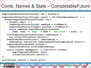 Comb. Names & Stats – CompletableFuture
35
CompletableFuture<List<String>> ids = findIds();
CompletableFuture<List<String>> result = ids.thenComposeAsync(l -> {
Stream<CompletableFuture<String>> zip =
l.stream().map(i -> {
CompletableFuture<String> nameTask = findName(i);
CompletableFuture<Integer> statTask = findStat(i);
return nameTask.thenCombineAsync(statTask,
(name, stat) -> "Name " + name + " has stats " + stat); });
List<CompletableFuture<String>> combineList =
zip.collect(Collectors.toList());
CompletableFuture<String>[] combineArray =
combineList.toArray(new CompletableFuture[combineList.size()]);
CompletableFuture<Void> allDone =
CompletableFuture.allOf(combineArray);
return allDone.thenApply(v -> combineList.stream()
.map(CompletableFuture::join)
.collect(Collectors.toList()));
});
List<String> results = result.join();
https://projectreactor.io/docs/core/release/reference/, Apache Software License 2.0
 