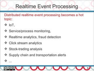 Realtime Event Processing
9
Distributed realtime event processing becomes a hot
topic:
 IoT,
 Service/process monitoring,
 Realtime analytics, fraud detection
 Click stream analytics
 Stock-trading analysis
 Supply chain and transportation alerts
 ...
 