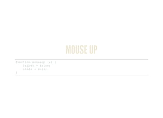 MOUSE UP
function mouseup (e) { 
    isDown = false; 
    state = null; 
}
 