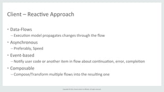 Copyright	
  ©	
  2015,	
  Oracle	
  and/or	
  its	
  aﬃliates.	
  All	
  rights	
  reserved.	
  	
  	
  
Client	
  –	
  Reac%ve	
  Approach	
  
•  Data-­‐Flows	
  
– Execu%on	
  model	
  propagates	
  changes	
  through	
  the	
  ﬂow	
  
•  Asynchronous	
  
– Preferably,	
  Speed	
  
•  Event-­‐based	
  
– No%fy	
  user	
  code	
  or	
  another	
  item	
  in	
  ﬂow	
  about	
  con%nua%on,	
  error,	
  comple%on	
  
•  Composable	
  
– Compose/Transform	
  mul%ple	
  ﬂows	
  into	
  the	
  resul%ng	
  one	
  
 