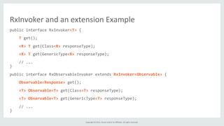 Copyright	
  ©	
  2015,	
  Oracle	
  and/or	
  its	
  aﬃliates.	
  All	
  rights	
  reserved.	
  	
  	
  
public	
  interface	
  RxInvoker<T>	
  {	
  
	
  
	
  	
  	
  	
  T	
  get();	
  
	
  
	
  	
  	
  	
  <R>	
  T	
  get(Class<R>	
  responseType);	
  
	
  
	
  	
  	
  	
  <R>	
  T	
  get(GenericType<R>	
  responseType);	
  
	
  
	
  	
  	
  	
  //	
  ...	
  
}	
  
	
  
public	
  interface	
  RxObservableInvoker	
  extends	
  RxInvoker<Observable>	
  {	
  
	
  
	
  	
  	
  	
  Observable<Response>	
  get();	
  
	
  
	
  	
  	
  	
  <T>	
  Observable<T>	
  get(Class<T>	
  responseType);	
  
	
  
	
  	
  	
  	
  <T>	
  Observable<T>	
  get(GenericType<T>	
  responseType);	
  
	
  
	
  	
  	
  	
  //	
  ...	
  
}	
  
RxInvoker	
  and	
  an	
  extension	
  Example	
  
 