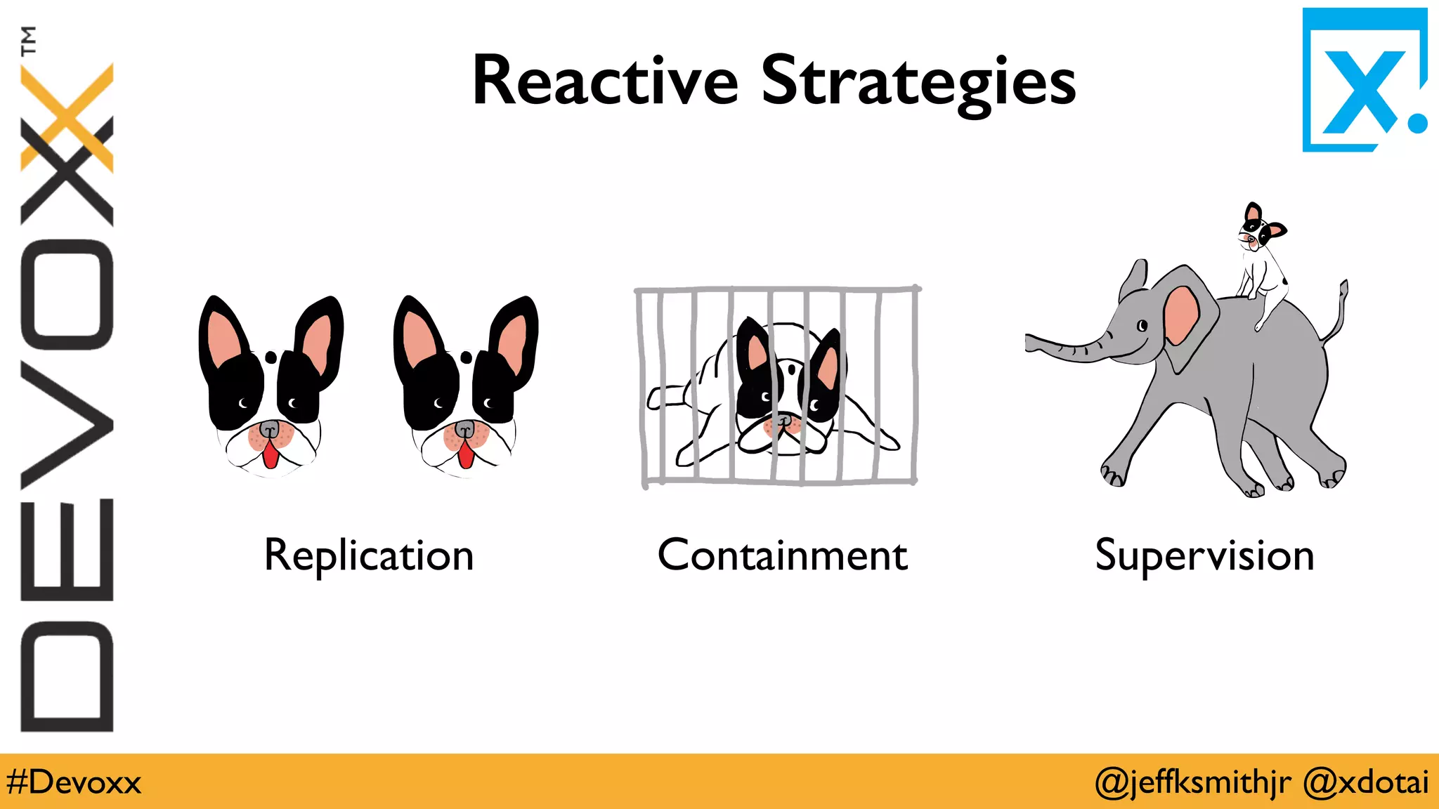 @jeffksmithjr @xdotai#Devoxx
Reactive Strategies
Replication Containment Supervision
 