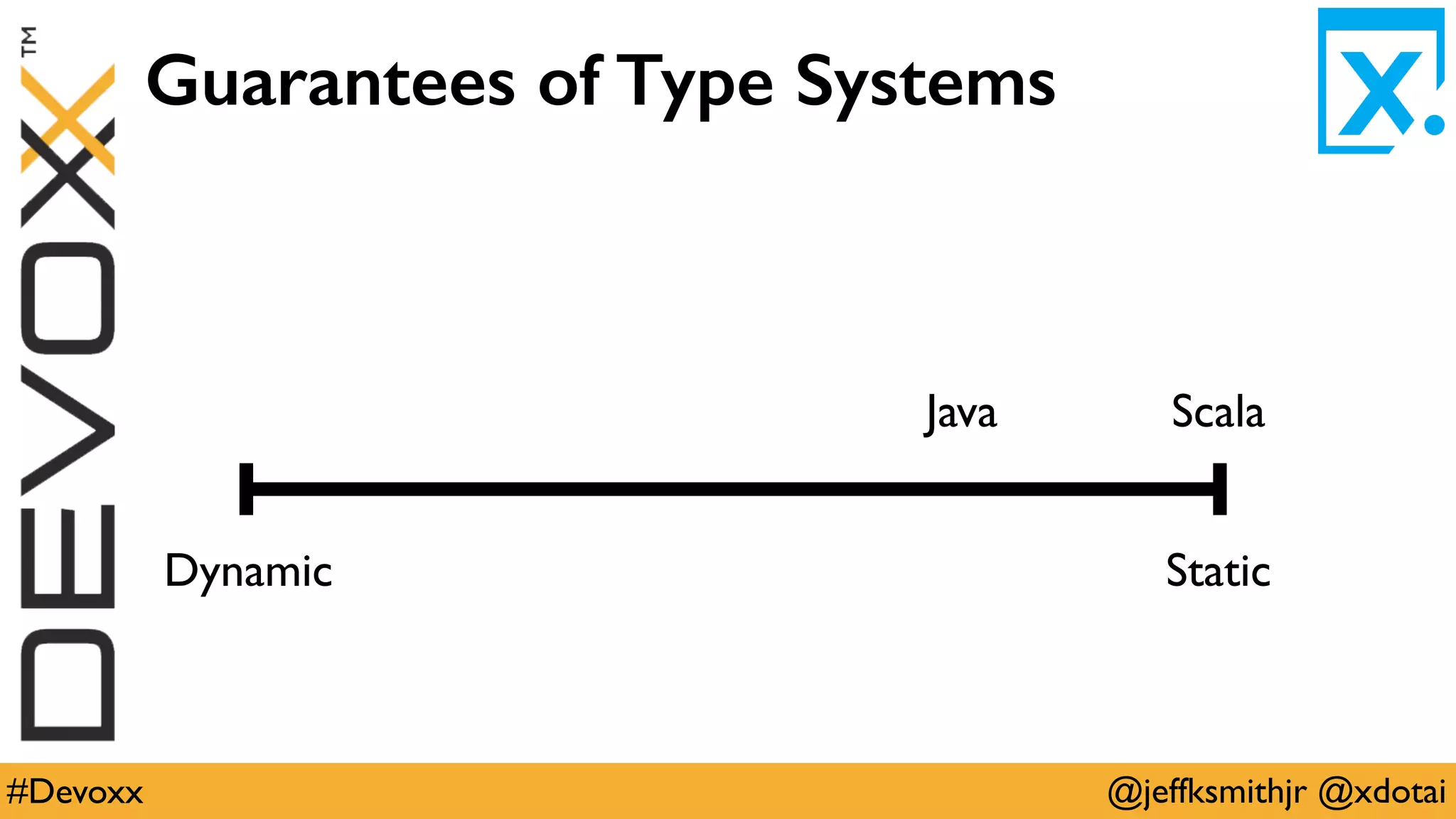 @jeffksmithjr @xdotai#Devoxx
Guarantees of Type Systems
ScalaJava
StaticDynamic
 