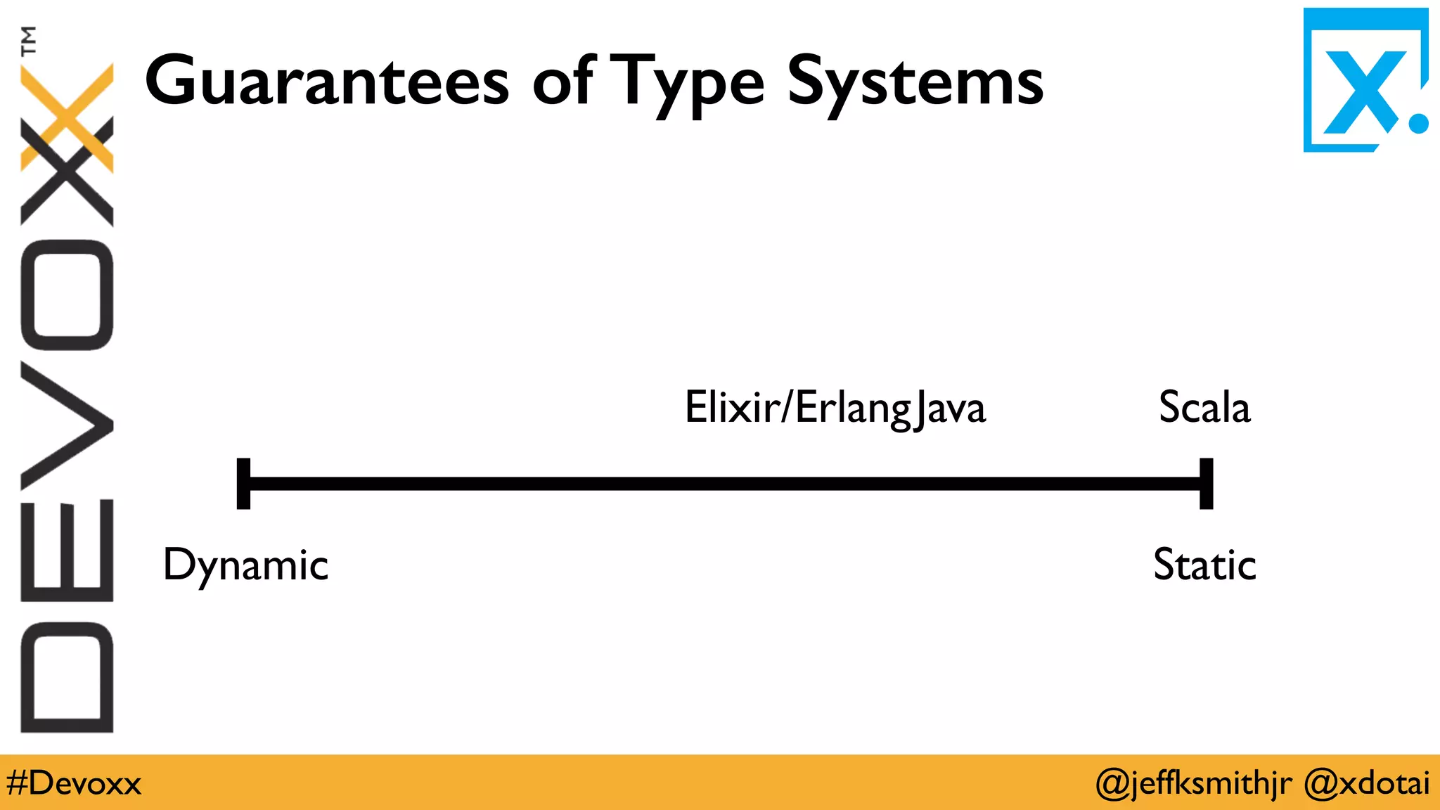 @jeffksmithjr @xdotai#Devoxx
Guarantees of Type Systems
ScalaJava
StaticDynamic
Elixir/Erlang
 