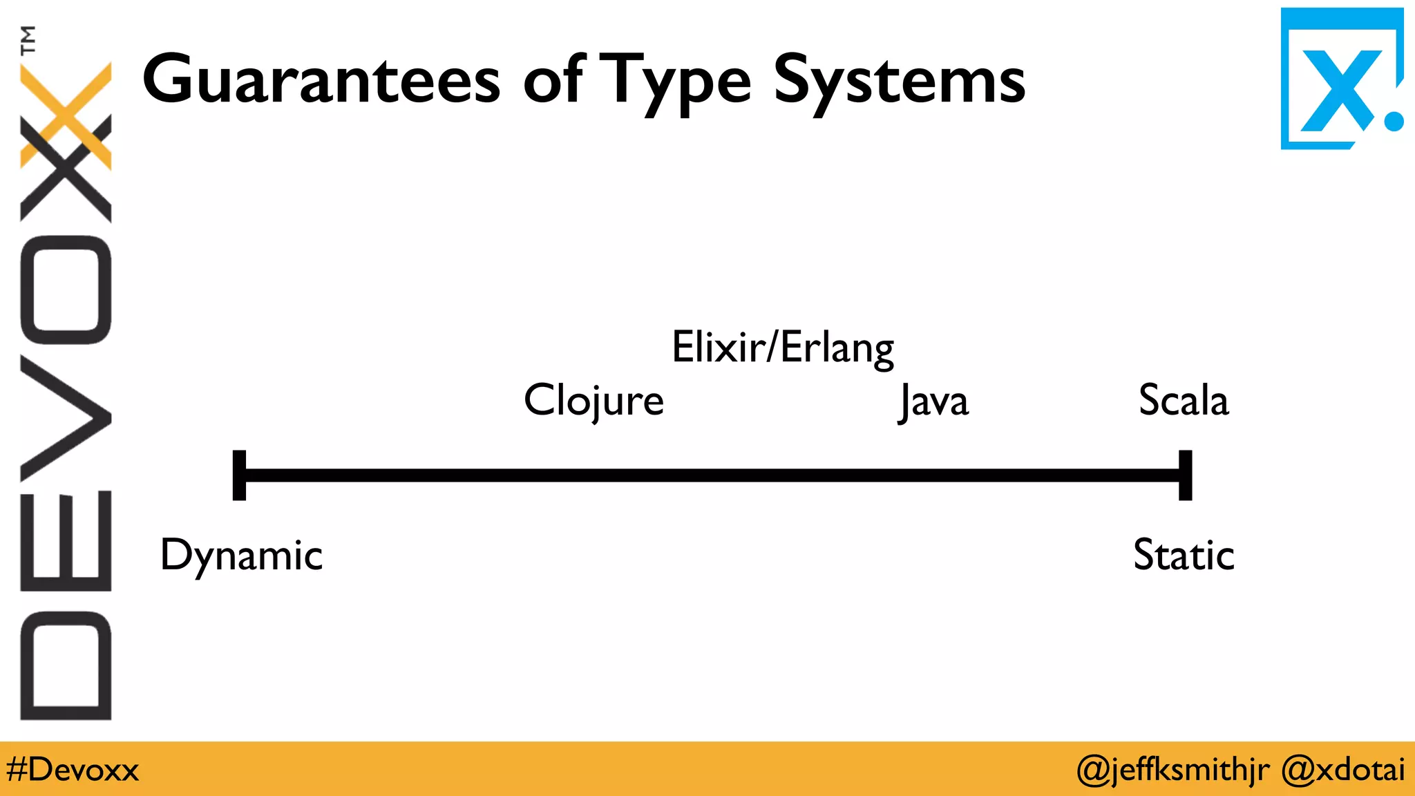 @jeffksmithjr @xdotai#Devoxx
Guarantees of Type Systems
ScalaClojure Java
StaticDynamic
Elixir/Erlang
 