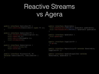 Reactive Streams
vs Agera
public interface Publisher<T> {
void subscribe(Subscriber<? super T> s);
}
public interface Subscriber<T> {
void onSubscribe(Subscription s);
void onNext(T t);
void onError(Throwable t);
void onComplete();
}
public interface Subscription {
void request(long n);
void cancel();
}
public interface Processor<T, R>
extends Subscriber<T>, Publisher<R> {
}
public interface Observable {
void addUpdatable(@NonNull Updatable updatable);
void removeUpdatable(@NonNull Updatable updatable)
}
public interface Updatable {
void update();
}
public interface Supplier<T> {
T get();
}
public interface Repository<T> extends Observable,
Supplier<T> {}
public interface UpdateDispatcher extends
Observable, Updatable {}
 