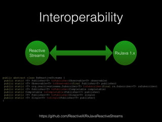 Interoperability
public abstract class RxReactiveStreams {
public static <T> Publisher<T> toPublisher(Observable<T> observable)
public static <T> Observable<T> toObservable(final Publisher<T> publisher)
public static <T> org.reactivestreams.Subscriber<T> toSubscriber(final rx.Subscriber<T> rxSubscriber)
public static <T> Publisher<T> toPublisher(Completable completable)
public static Completable toCompletable(Publisher<?> publisher)
public static <T> Publisher<T> toPublisher(Single<T> single)
public static <T> Single<T> toSingle(Publisher<T> publisher)
}
Reactive
Streams
RxJava 1.x
https://github.com/ReactiveX/RxJavaReactiveStreams
 
