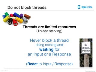 Do not block threads
Never block a thread
doing nothing and
waiting for
an Input or a Response
Threads are limited resources
(Thread starving)
(React to Input / Response)
Lorenzo Nicora Reactive μServices
 