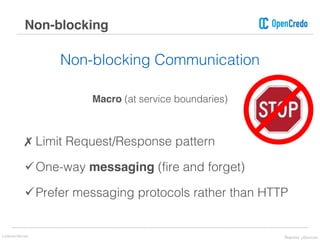 Non-blocking Communication
Macro (at service boundaries)
✗ Limit Request/Response pattern
üOne-way messaging (fire and forget)
üPrefer messaging protocols rather than HTTP
Non-blocking
Lorenzo Nicora Reactive μServices
 