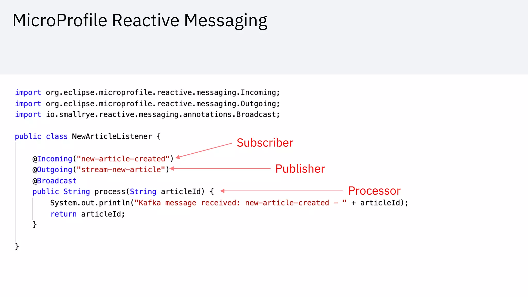 MicroProfile Reactive Messaging
Subscriber
Publisher
Processor
 
